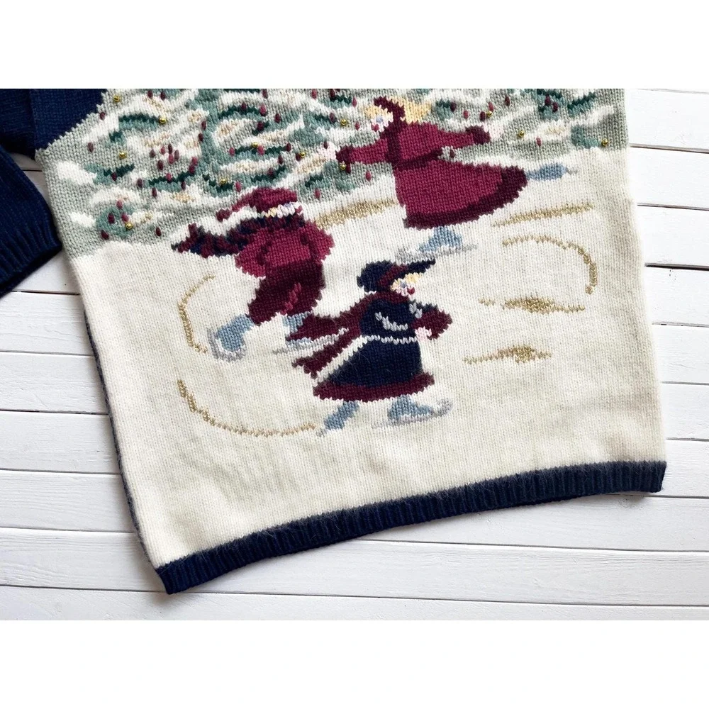 vtg Karen Scott ice skating hand knit Christmas wool sweater size L‎